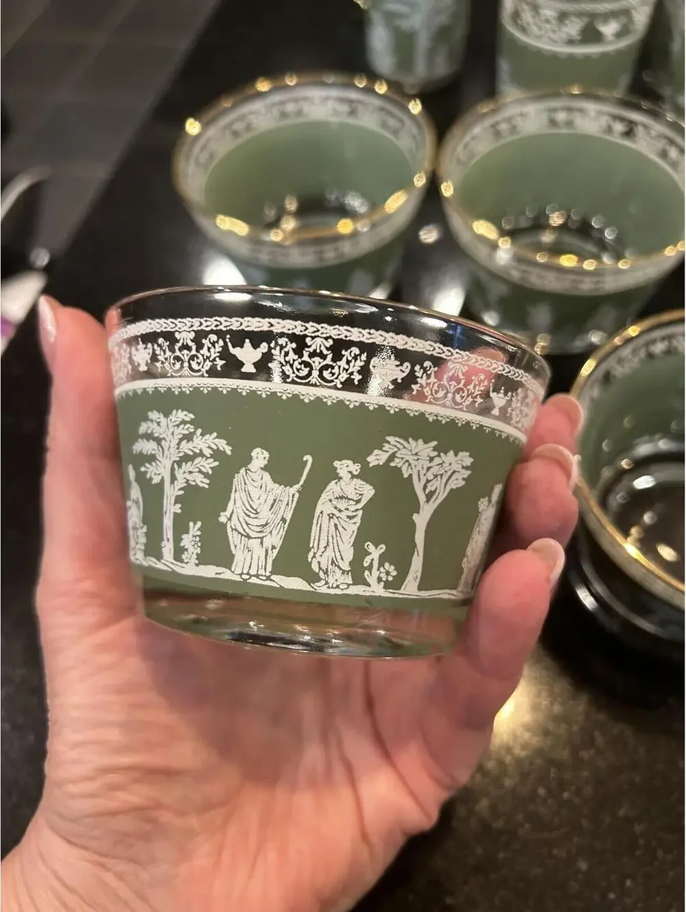 VTG Jeanette Wedgwood Hellenic Grecian Green Roman ice bucket and other glasses
